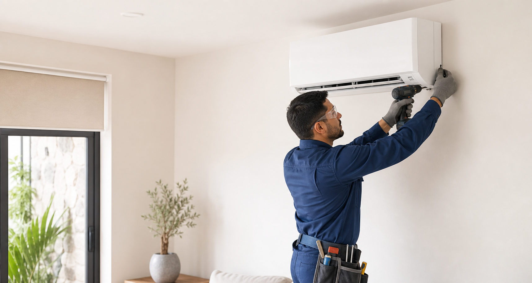 Técnico realizando una instalación profesional de aire acondicionado